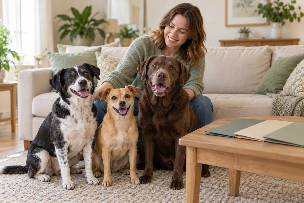 Three distinct dogs sitting beside their owner at home
